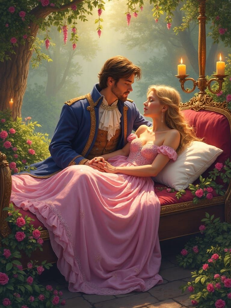 Serene Idyll of Sleeping Beauty and Prince Phillip in Whimsi...