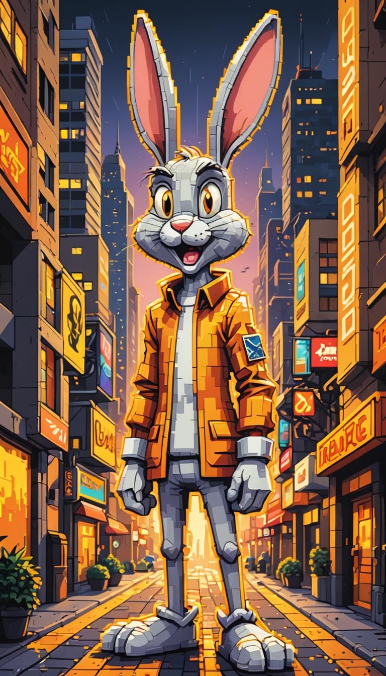 8-Bit Bugs Bunny in Cartoon Cityscape
