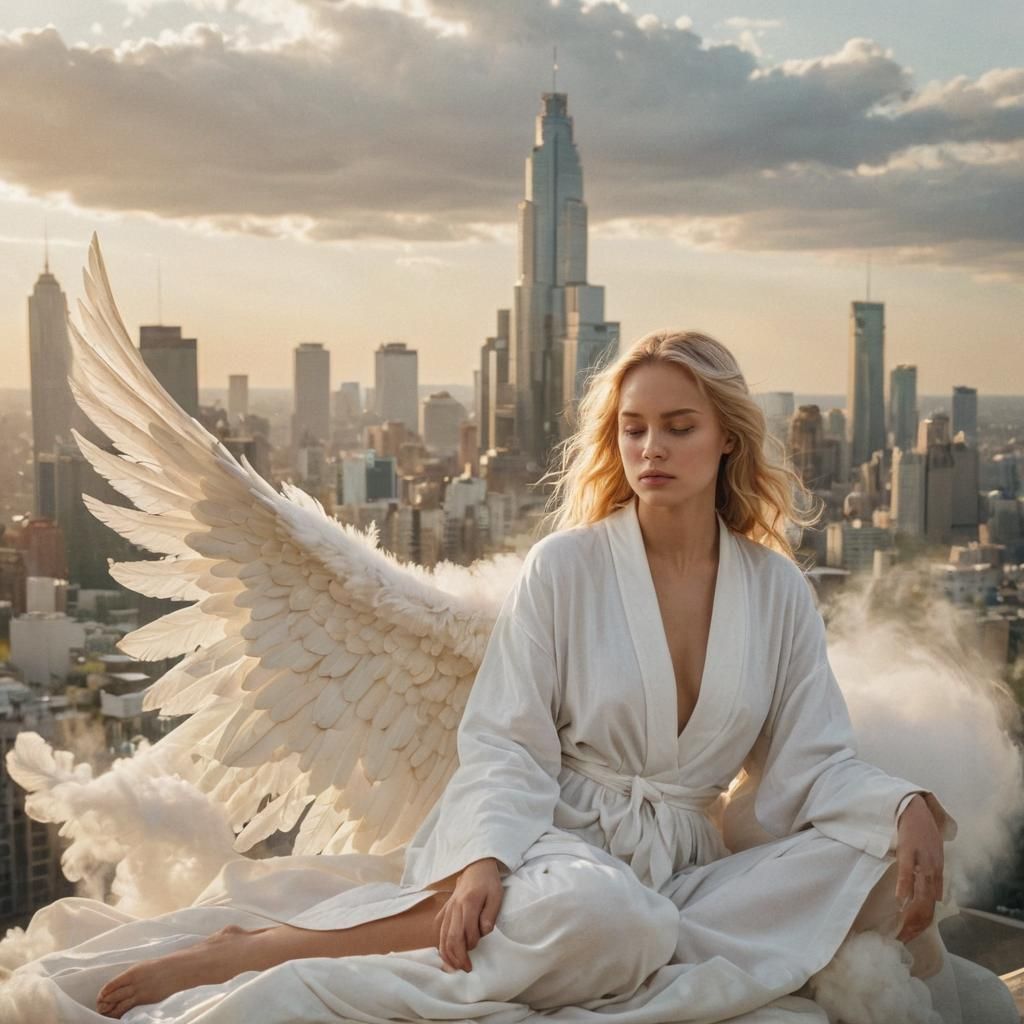 Surreal Angel in Paradise Cityscape with Golden Glow