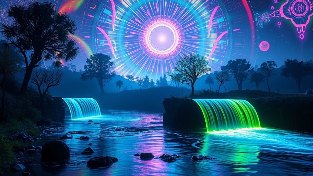 Psychedelic Water Wheels in Prismatic Holographic Aura