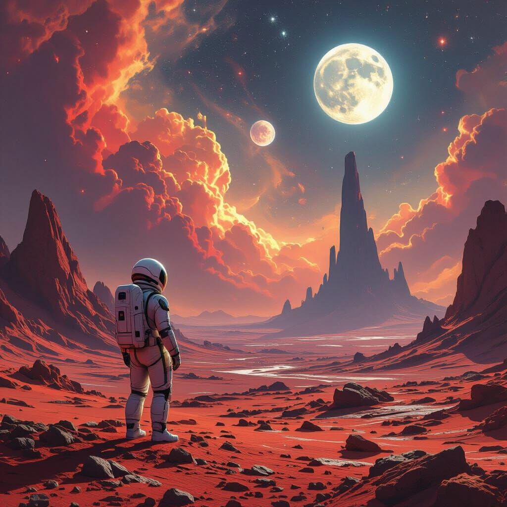 Astronaut on Crimson Planet Gazes at Twin Moons and Nebulae