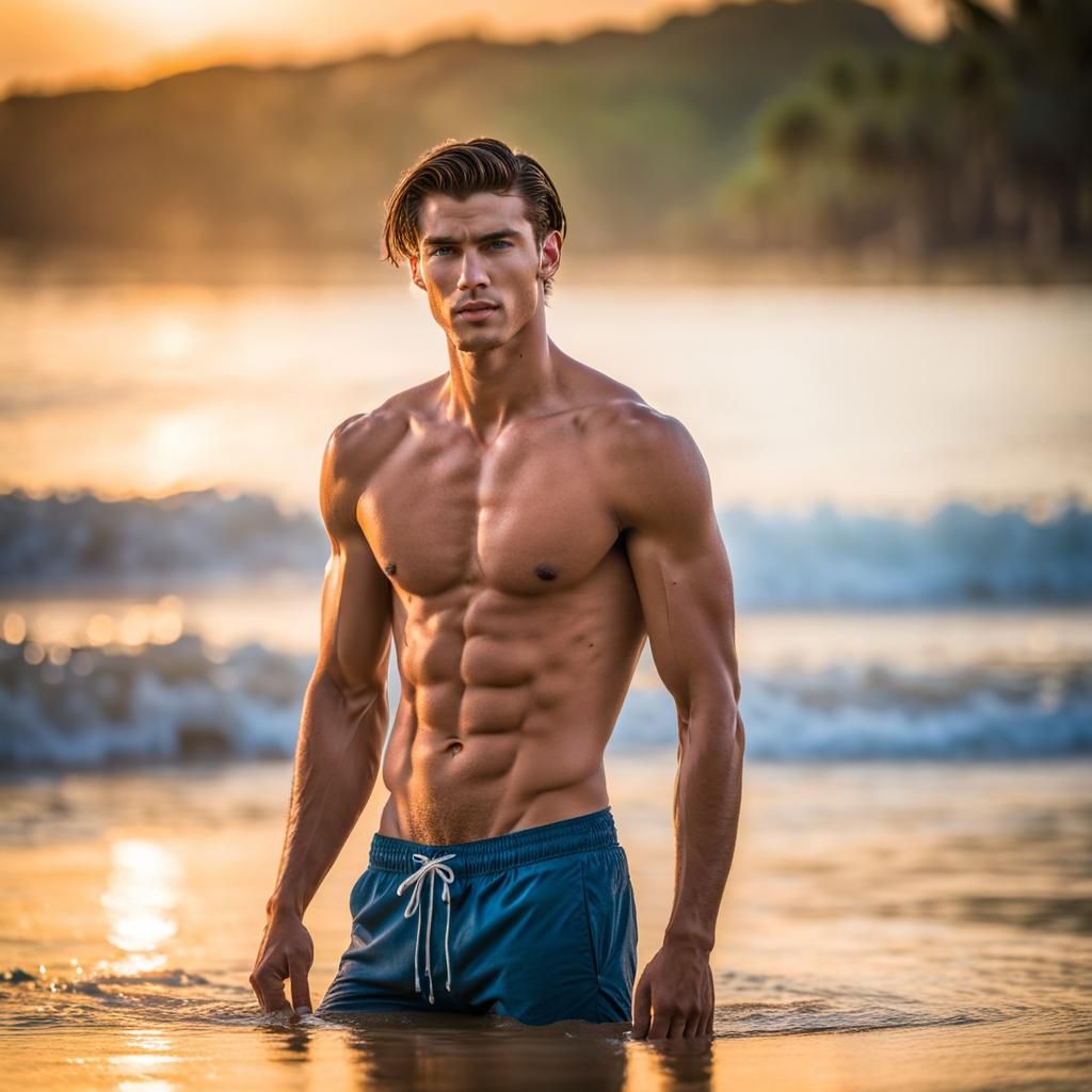 Young Man on Tropical Beach with Bokeh