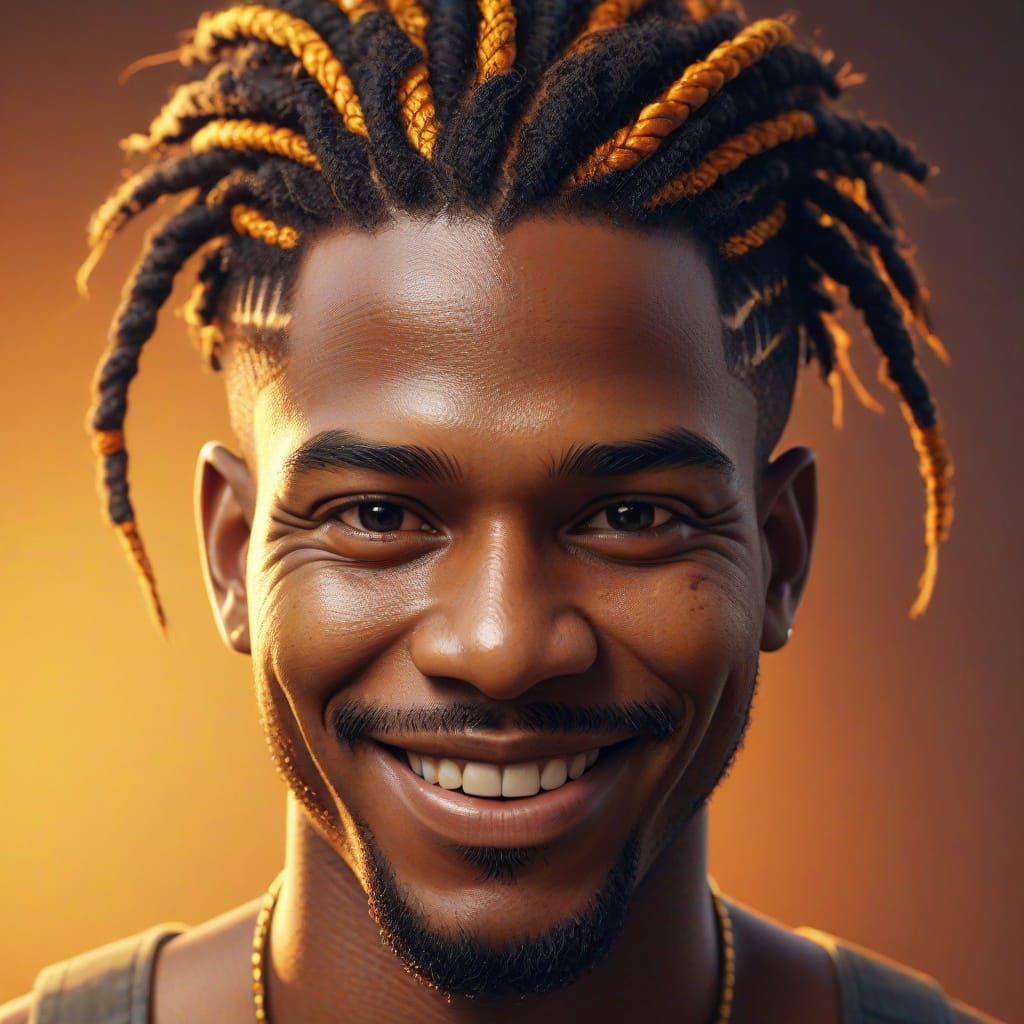Smiling Zambian Man with Braided Hair, Digital Portrait
