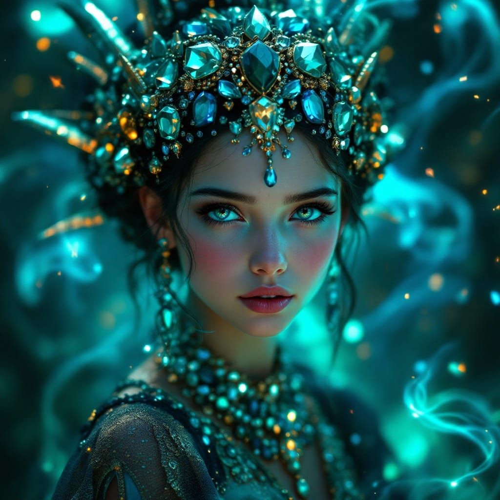 Mystical Girl in Dreamlike Realm with Gemstone Headdress