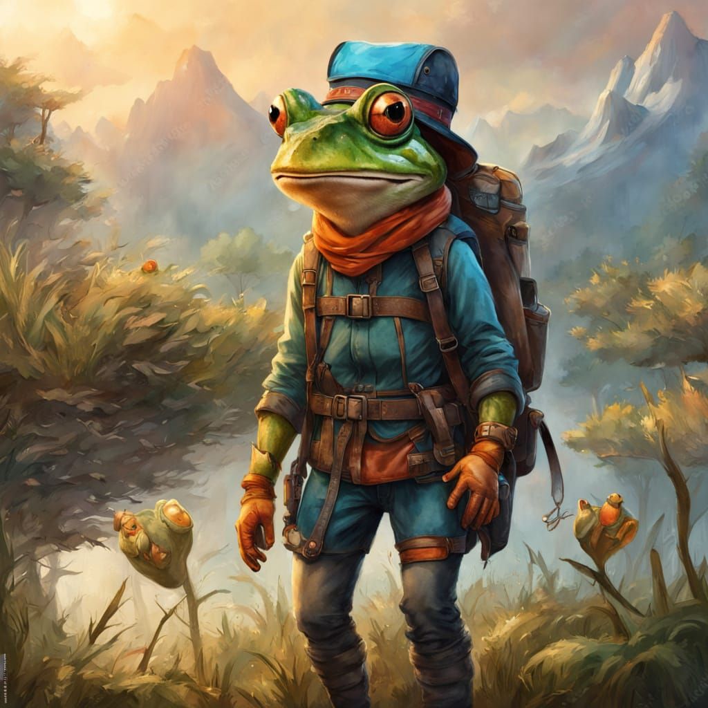 Vibrant Oil Painting of Adventurous Girl with Frogs