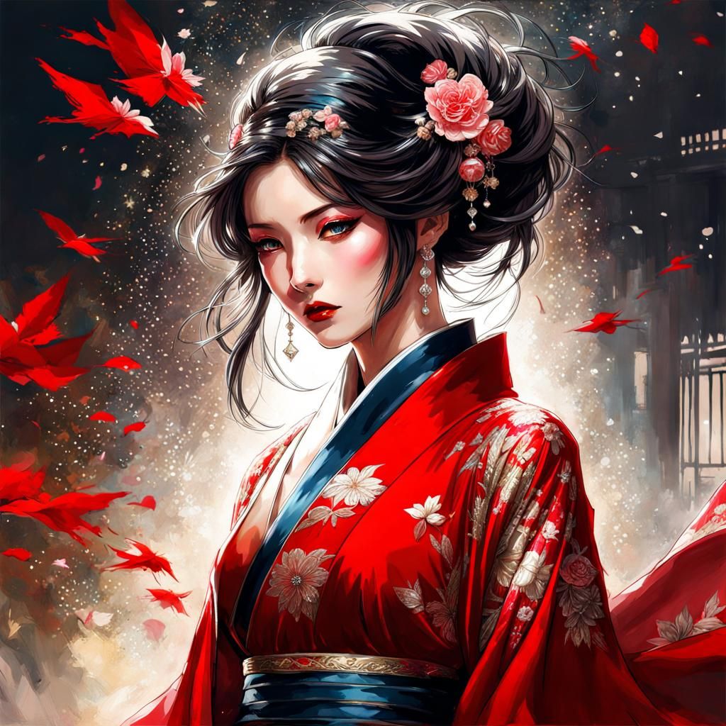 Beautiful Japanese Woman in Red Coat, Splash Art