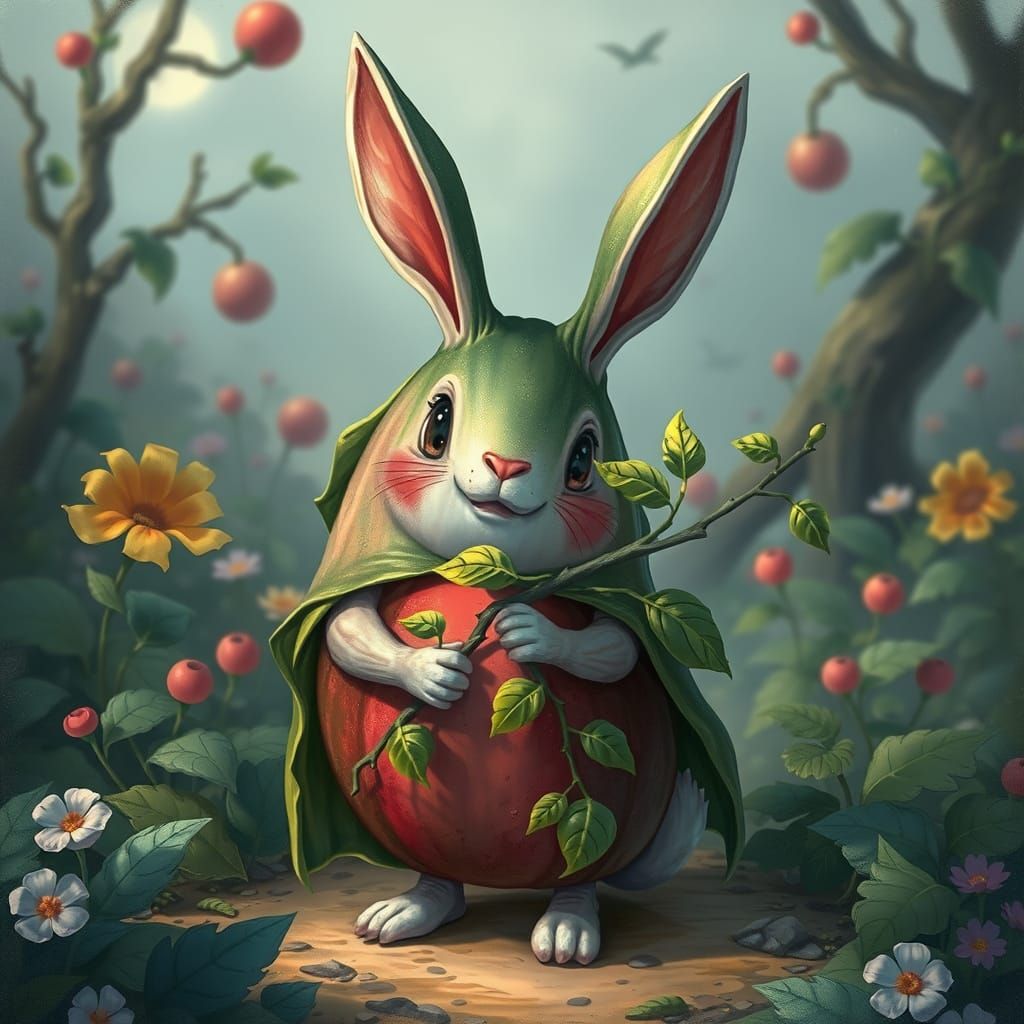 Whimsical Watermelon Rabbit in Eerie Garden