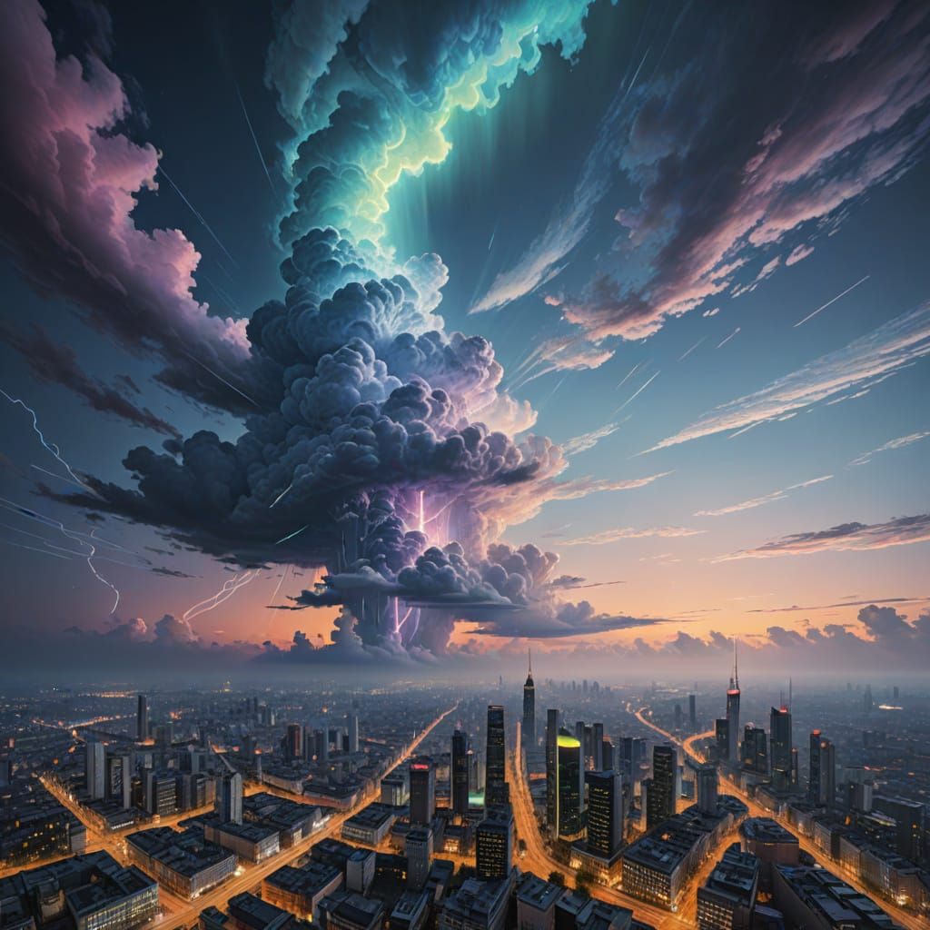 Cyberpunk Guitarist Amidst Spectral Pastel Color Clouds