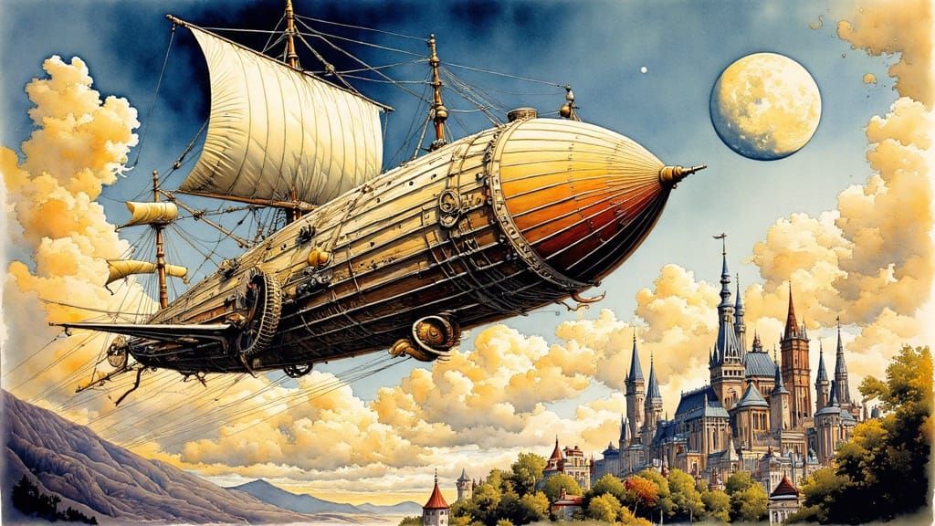Steampunk Airship Over Fantasy City, Whimsical Illustration