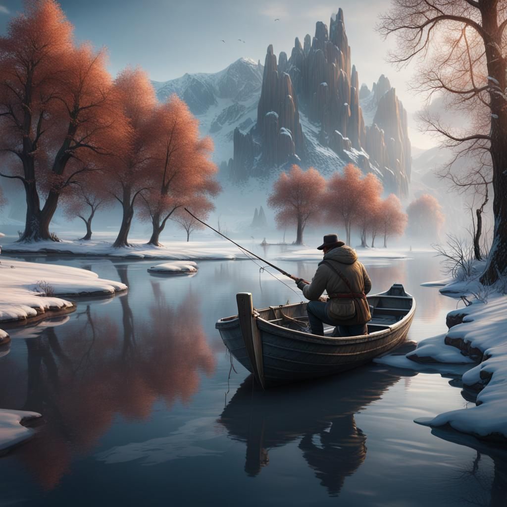 Winter Riverscape: Fisherman on a Small Boat