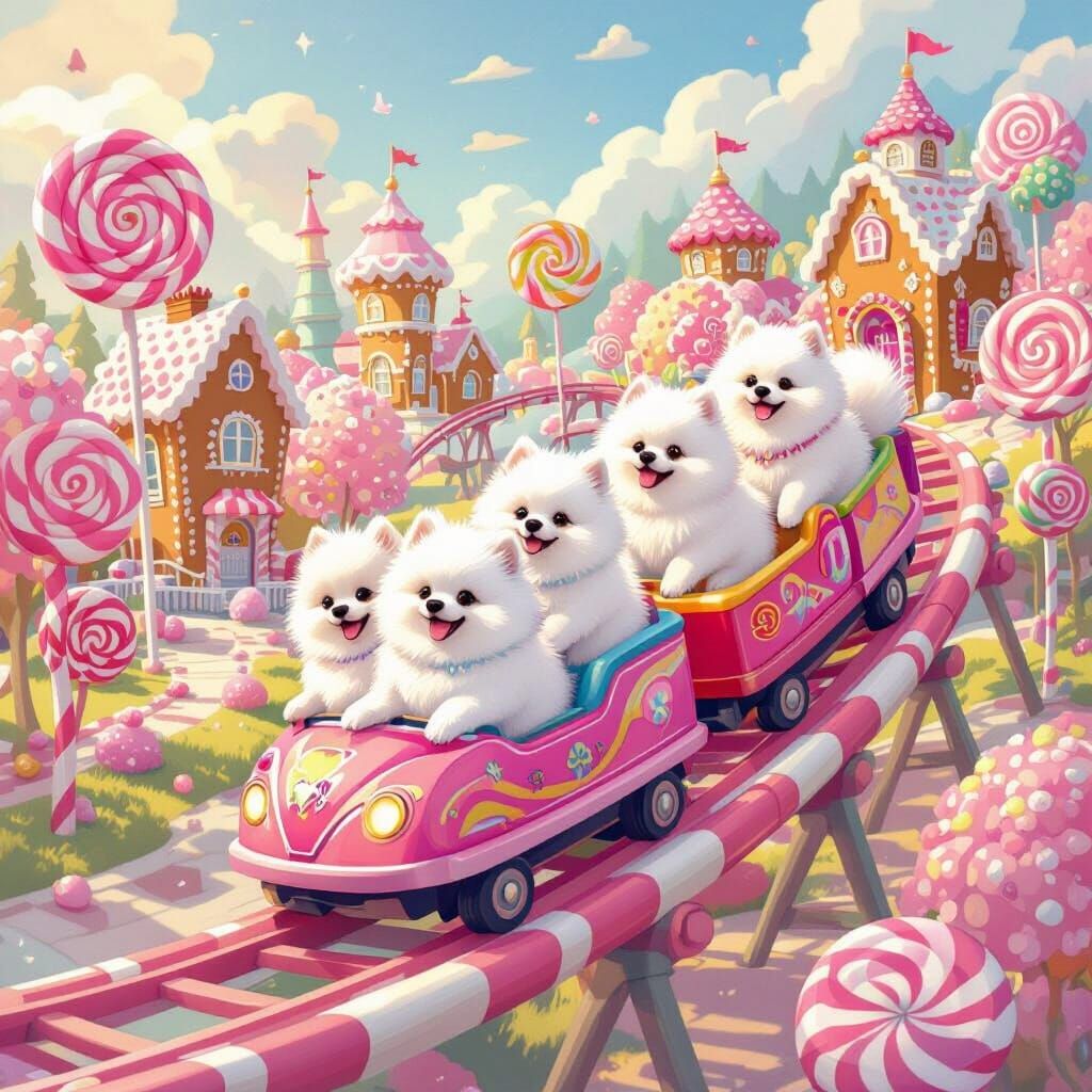Pomeranians Enjoy Candy Land Roller Coaster Park Vacation