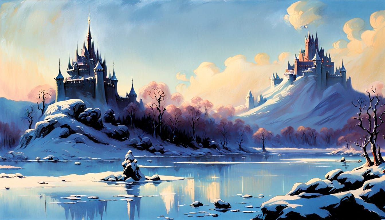 Serene Elven Castle Beside Frozen Lake on Bright Winter Day