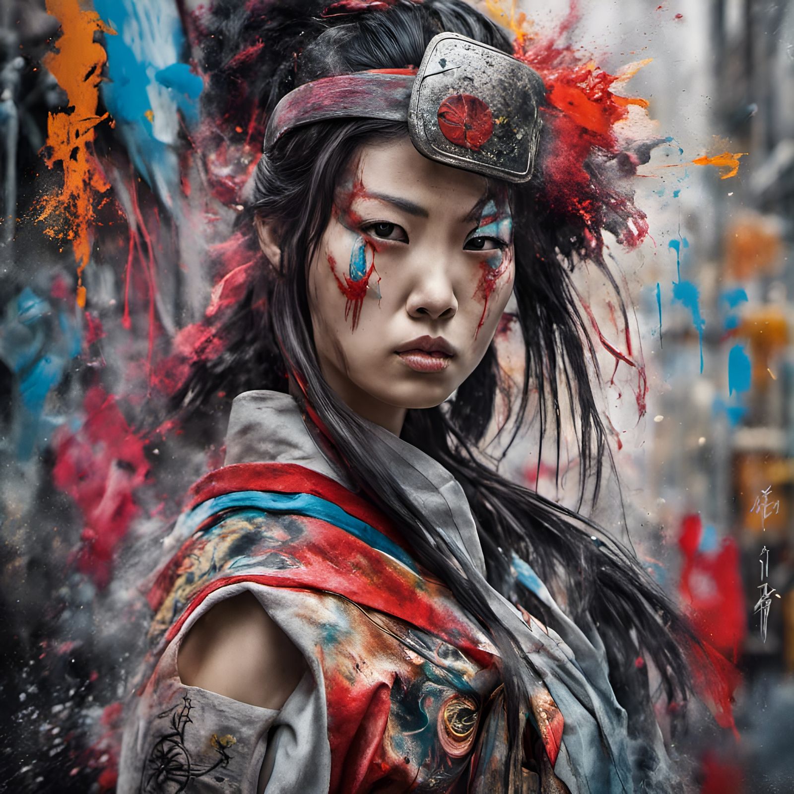 Fierce Japanese Warrioress in Graffiti Street Art Style