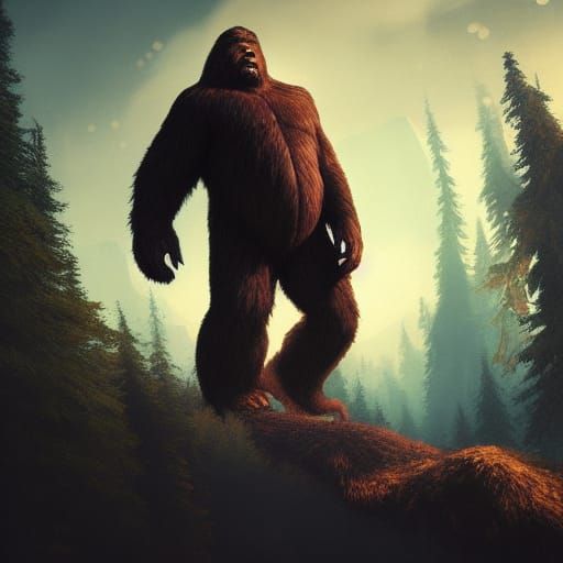 Bigfoot in Space: Dark Fantasy Mountain Art