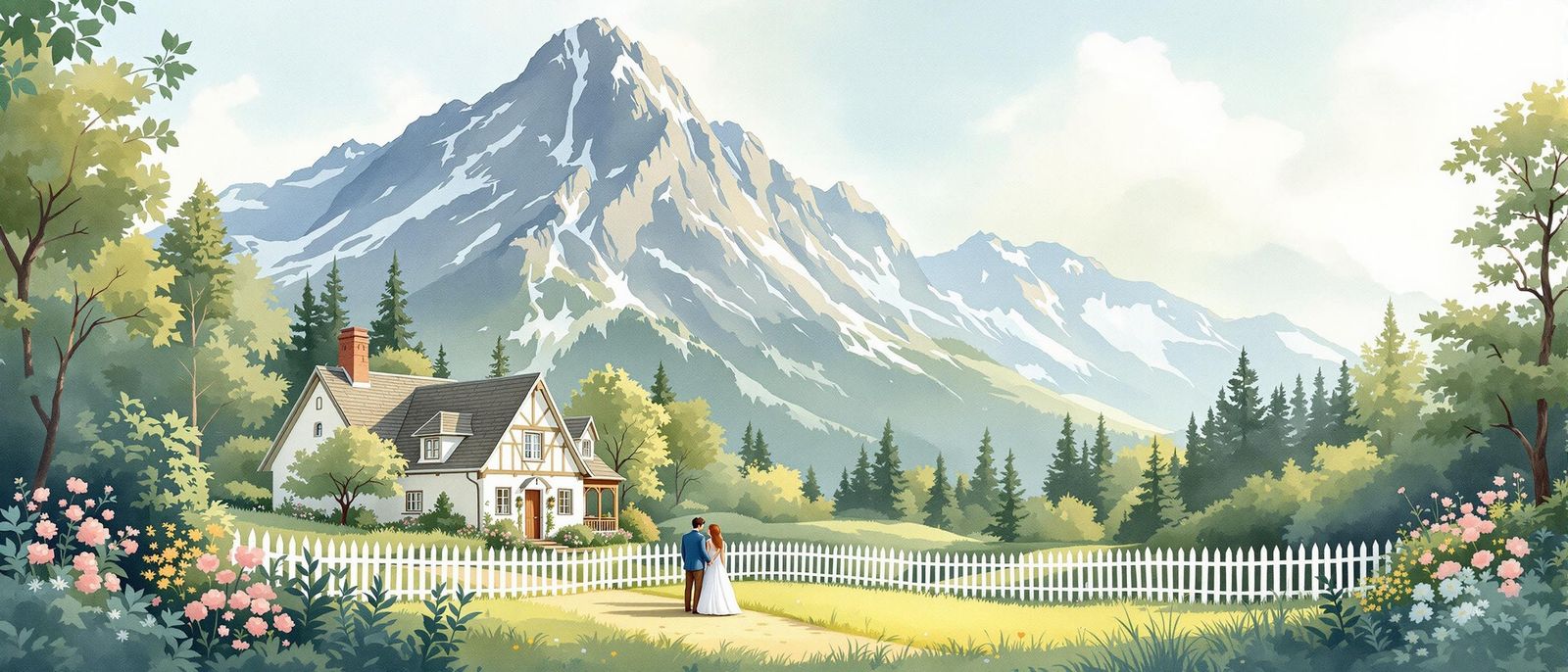 Romantic Cottage at Mountain Foot in Watercolour Style