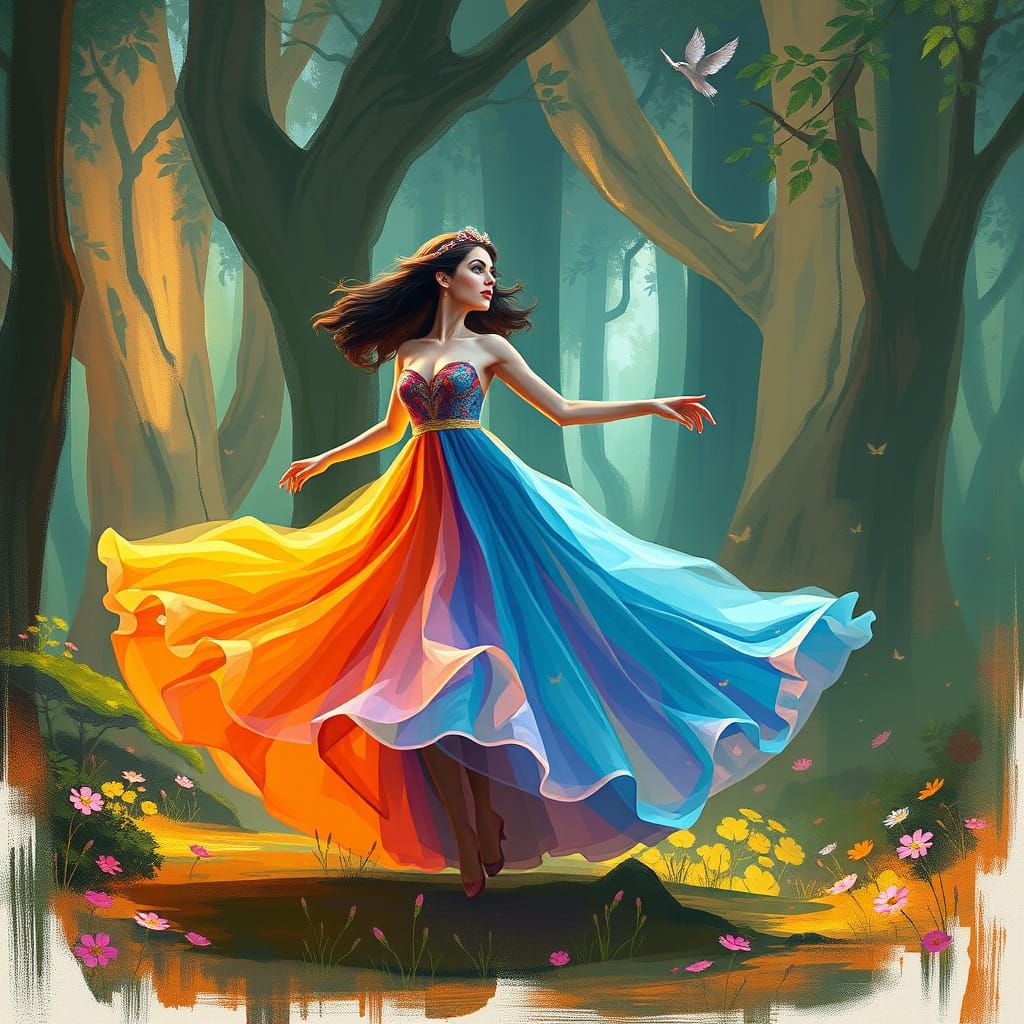 Woman Dancing in Whimsical Forest with Bold Brushstrokes