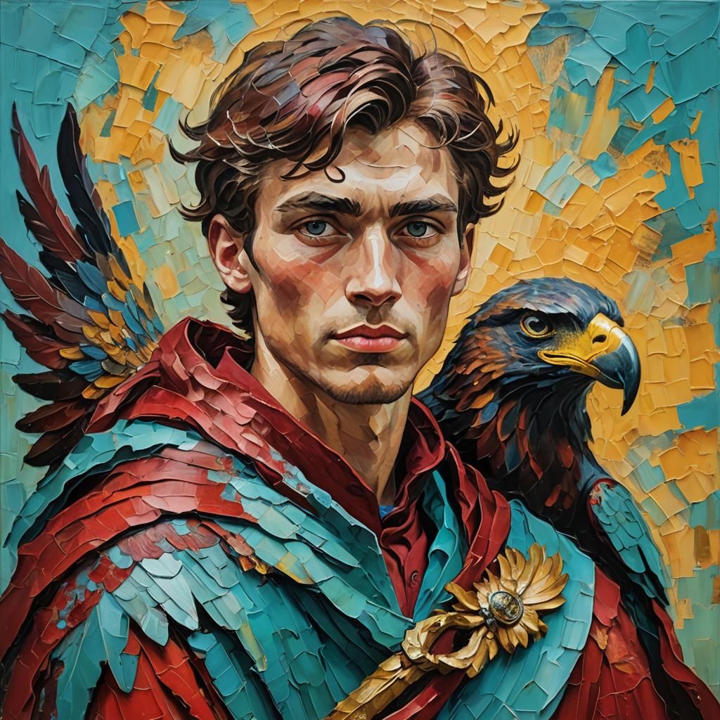 Young Man with Eagle in Impasto Oil Painting