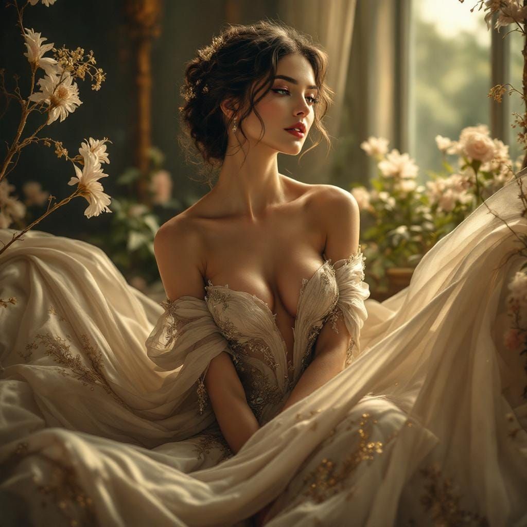 Elegant Woman in Gown, Art Nouveau Style