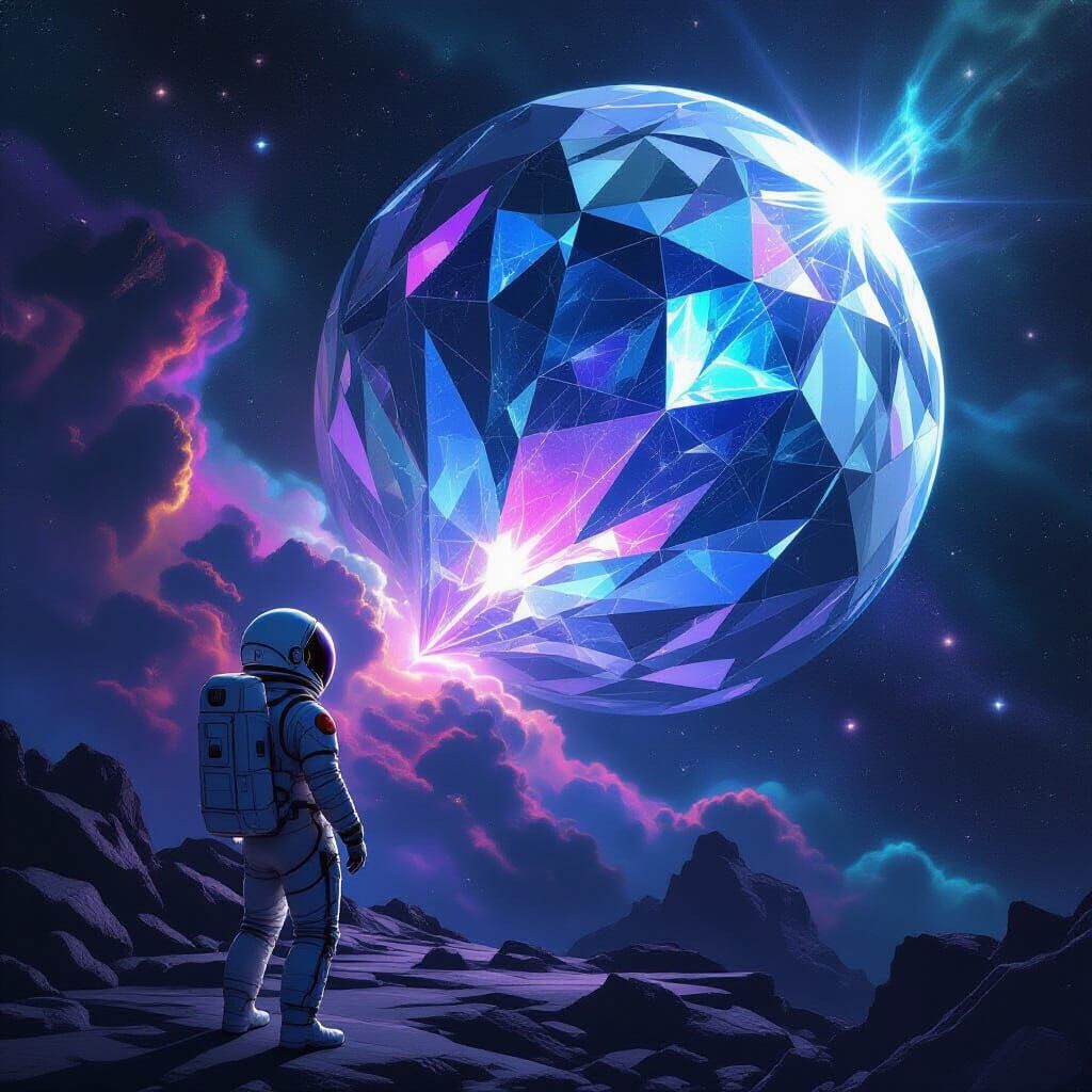 Astronaut Gazes At Giant Crystalline Planet in Sci-Fi Art