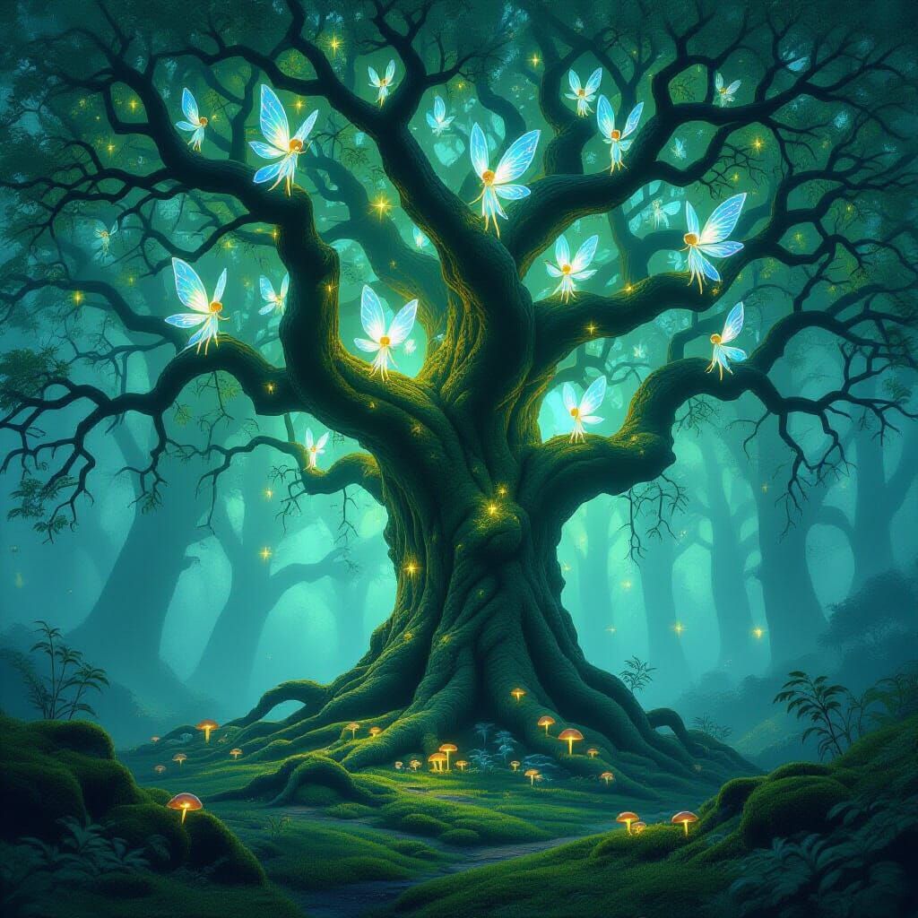 Ancient Bioluminescent Tree in Misty Forest with Ethereal Sp...