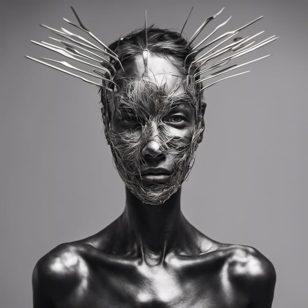 Metal Face Mask Sculpture in Charcoal Drawing Style