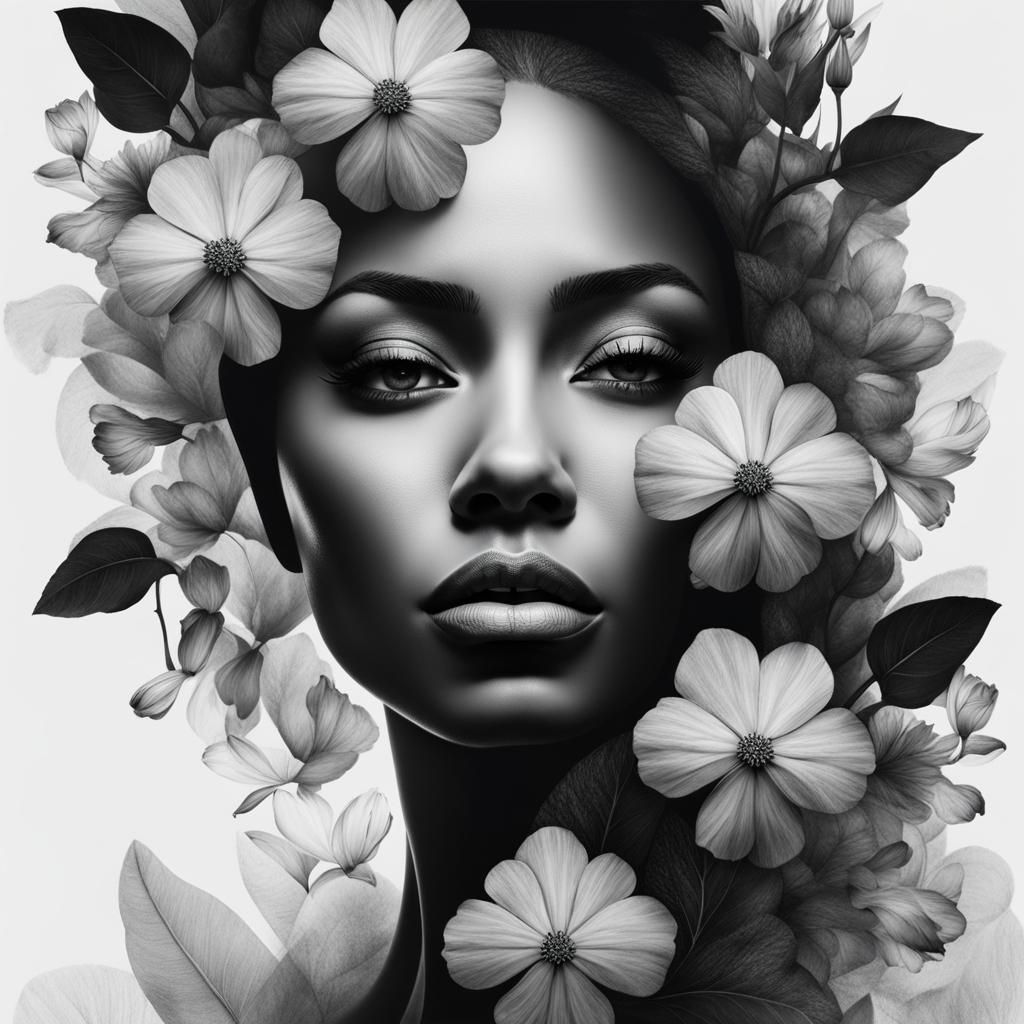 Monochromatic Double Exposure Art: Woman and Flowers