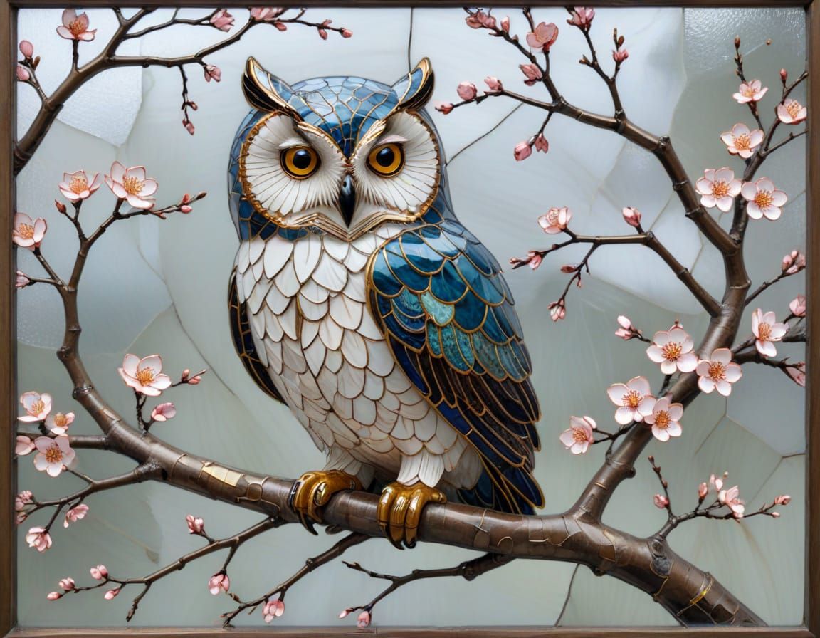 Owl in Sakura Branch: Kintsugi and Stained Glass