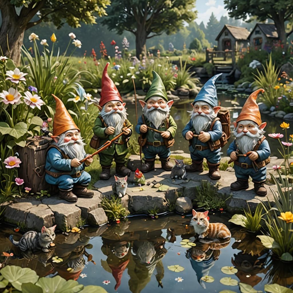 Gnomes Fishing with Tabby Cat: Ultrarealistic Scene