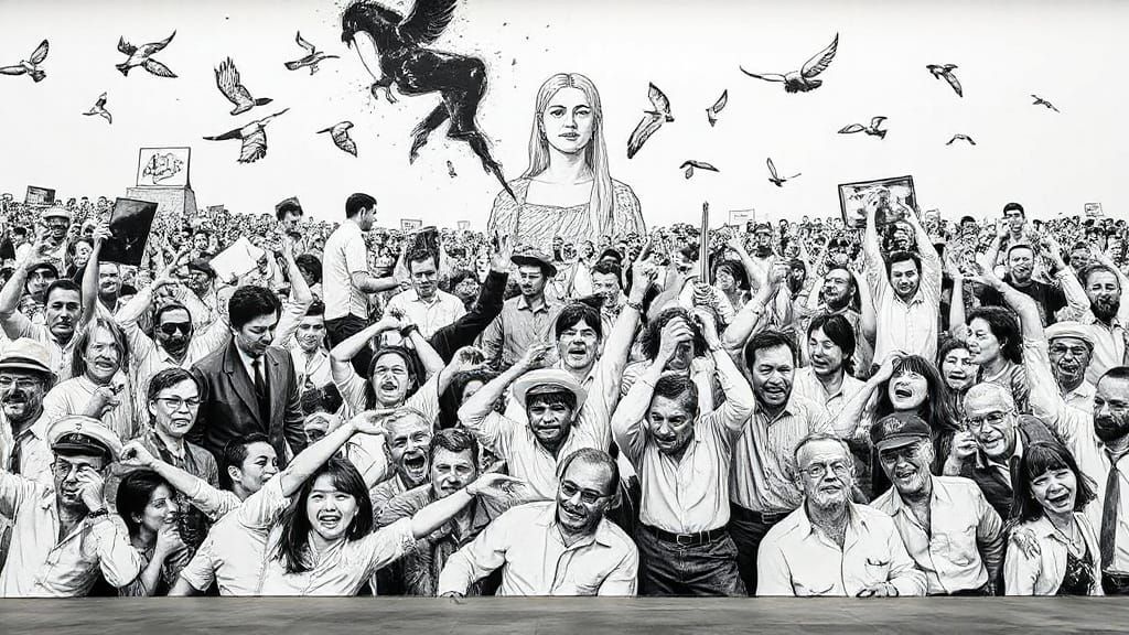 Dramatic Mural Reimagining Guernica in Detailed Ink Style