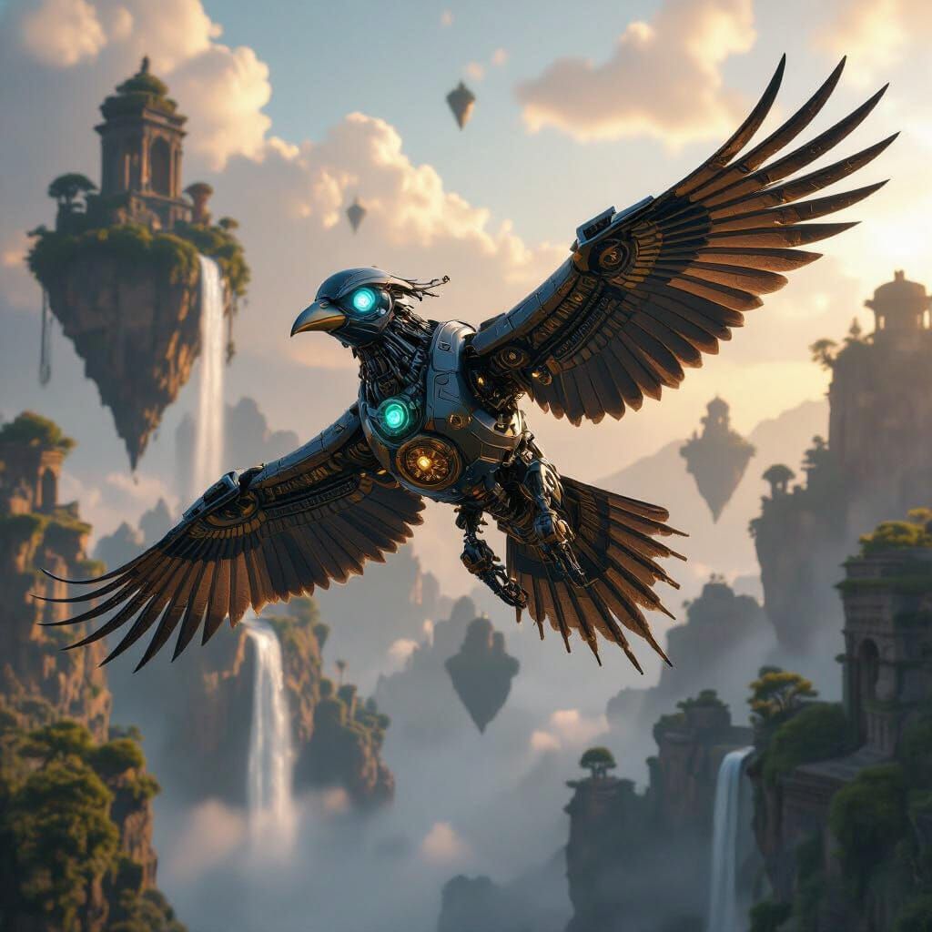 Robotic Bird Soars Over Floating Islands in Golden Hour