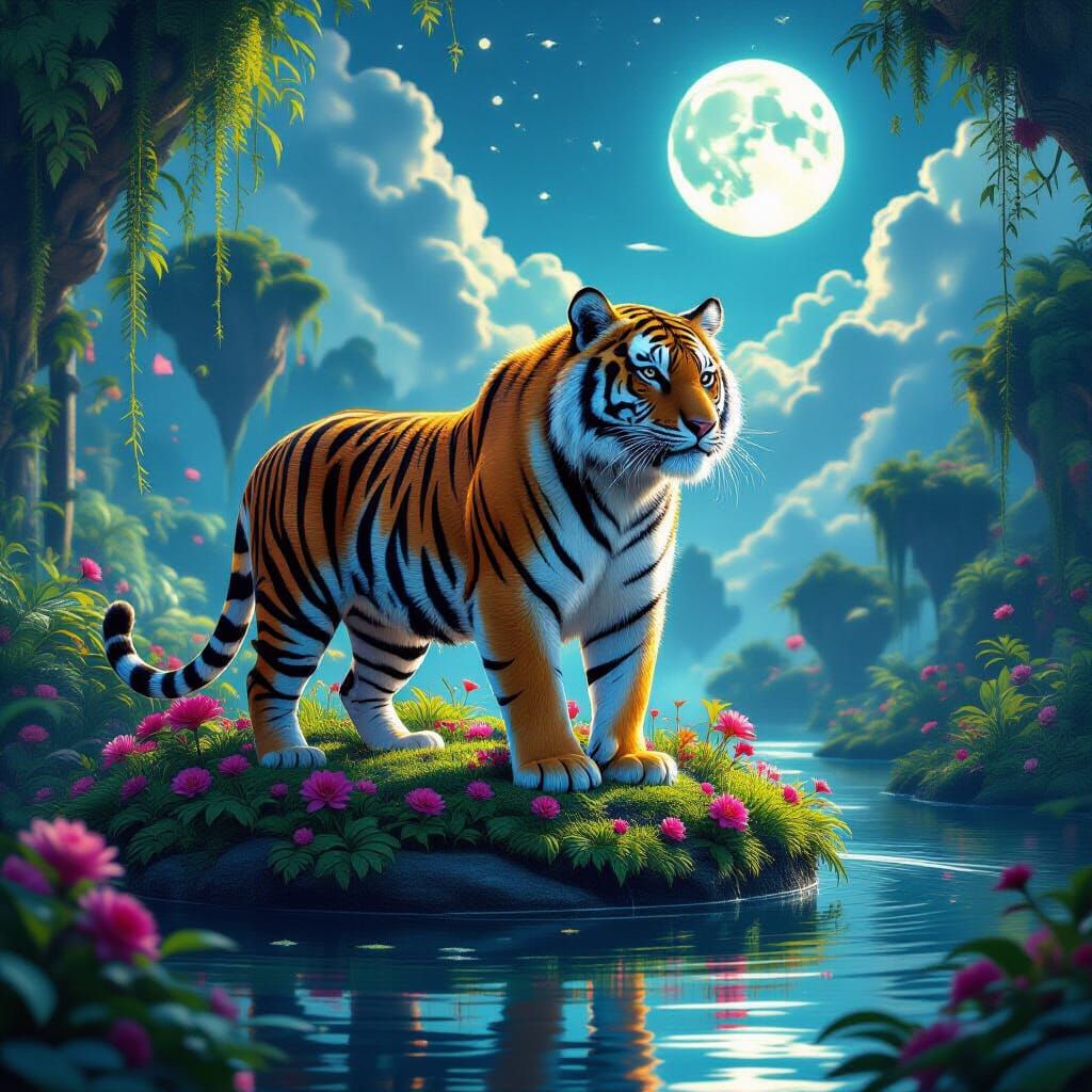 Bioluminescent Tiger Guards Alien Island Garden Under Twin M...