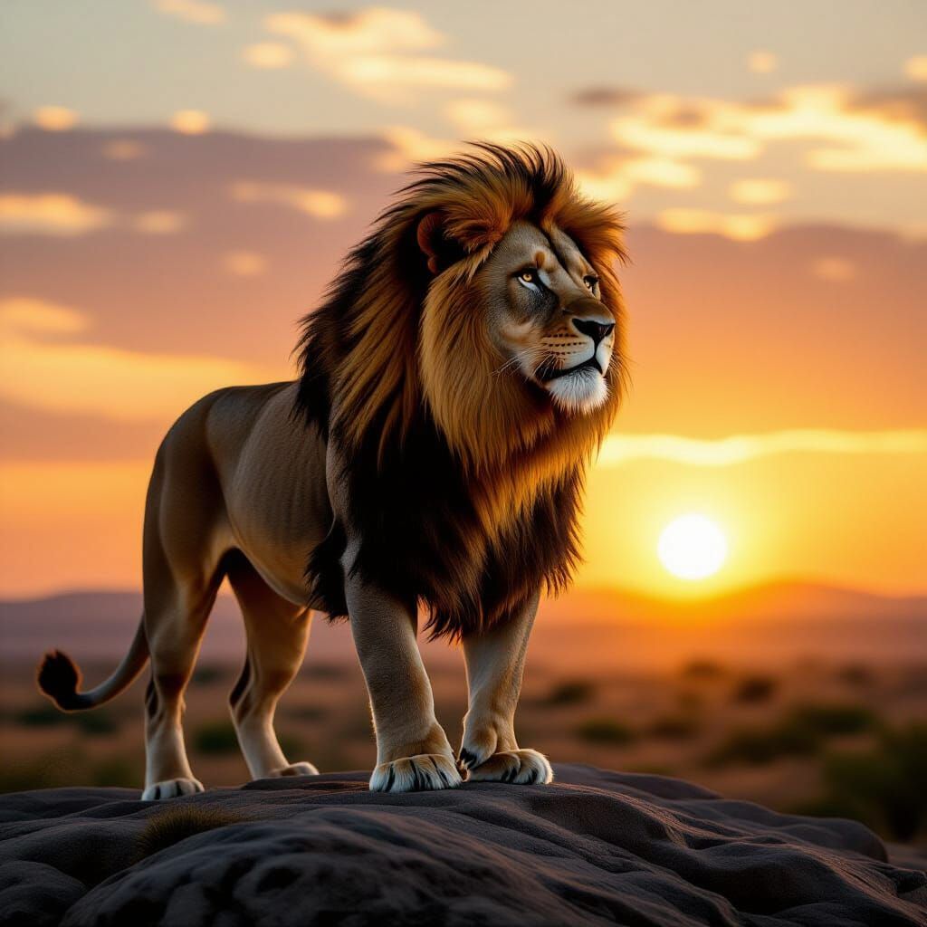 Lion at Sunset: Cinematic Film Still