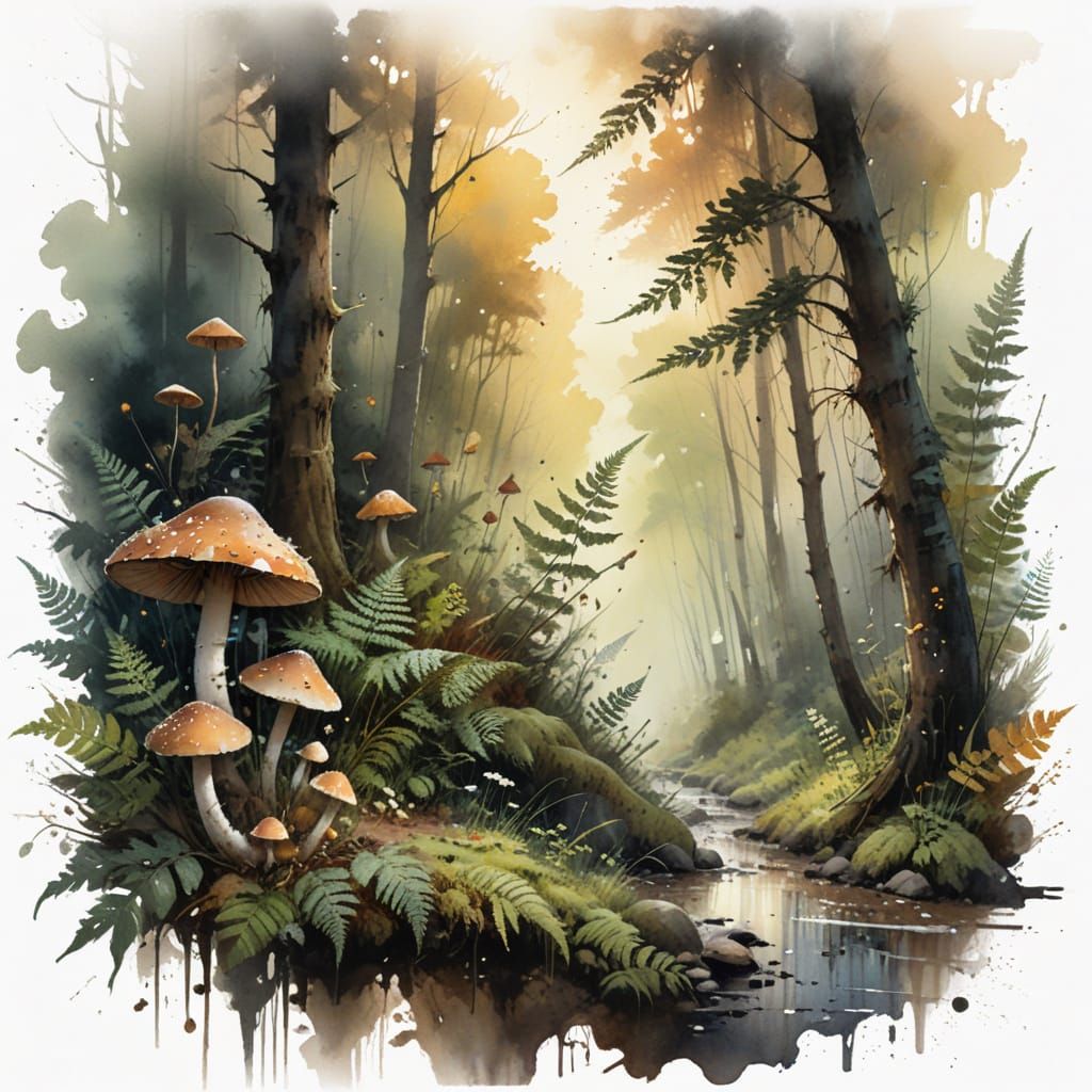 Rain-Kissed Forest Trail: Watercolor Thunderhead