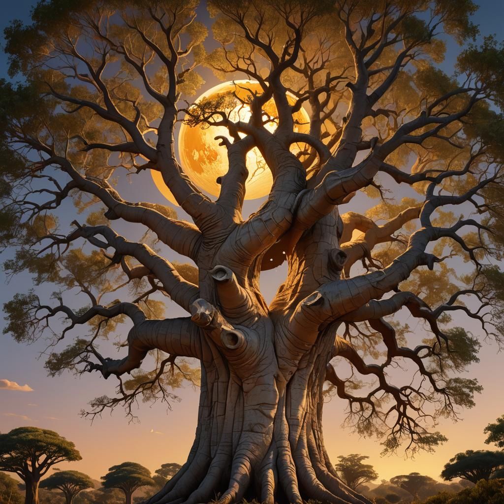 Gigantic Golden Moon Behind Baobab Tree