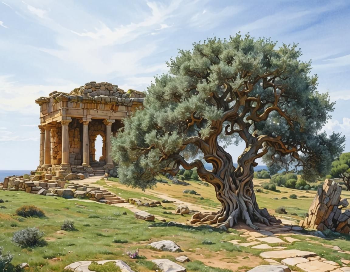 Whimsical Seaside Landscape with Ancient Olive Tree