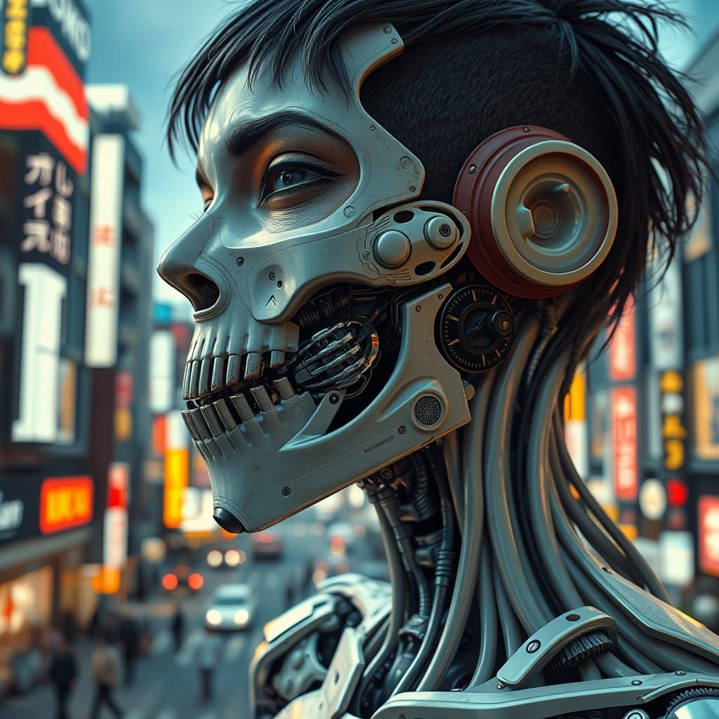 Cyberpunk Character with Intricate Mechanical Jaw in Tokyo