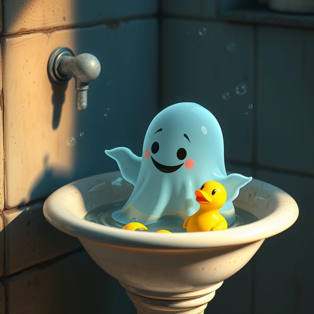 Whimsical Ghost in a Sink with a Rubber Ducky