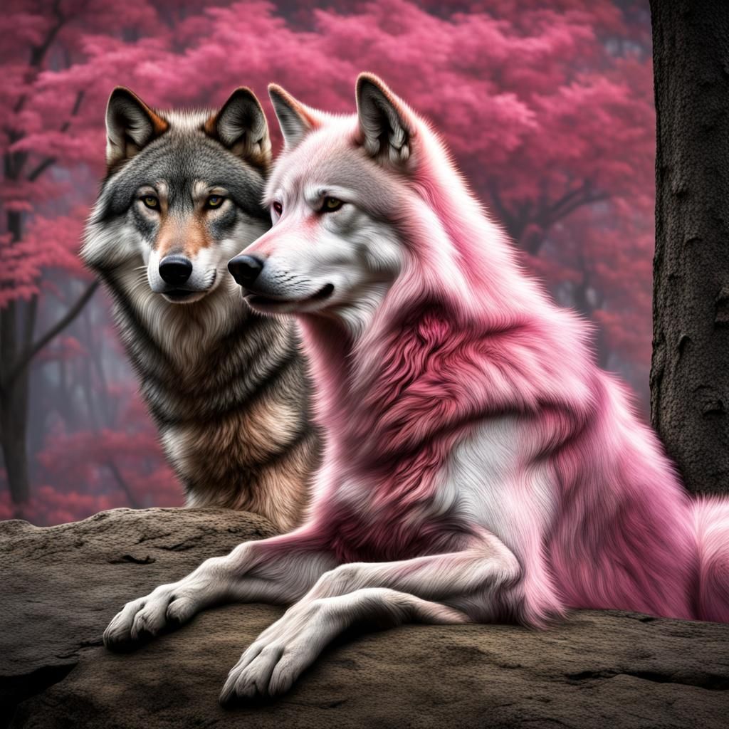 Gray Wolf and Pink Wolf Together in HDR
