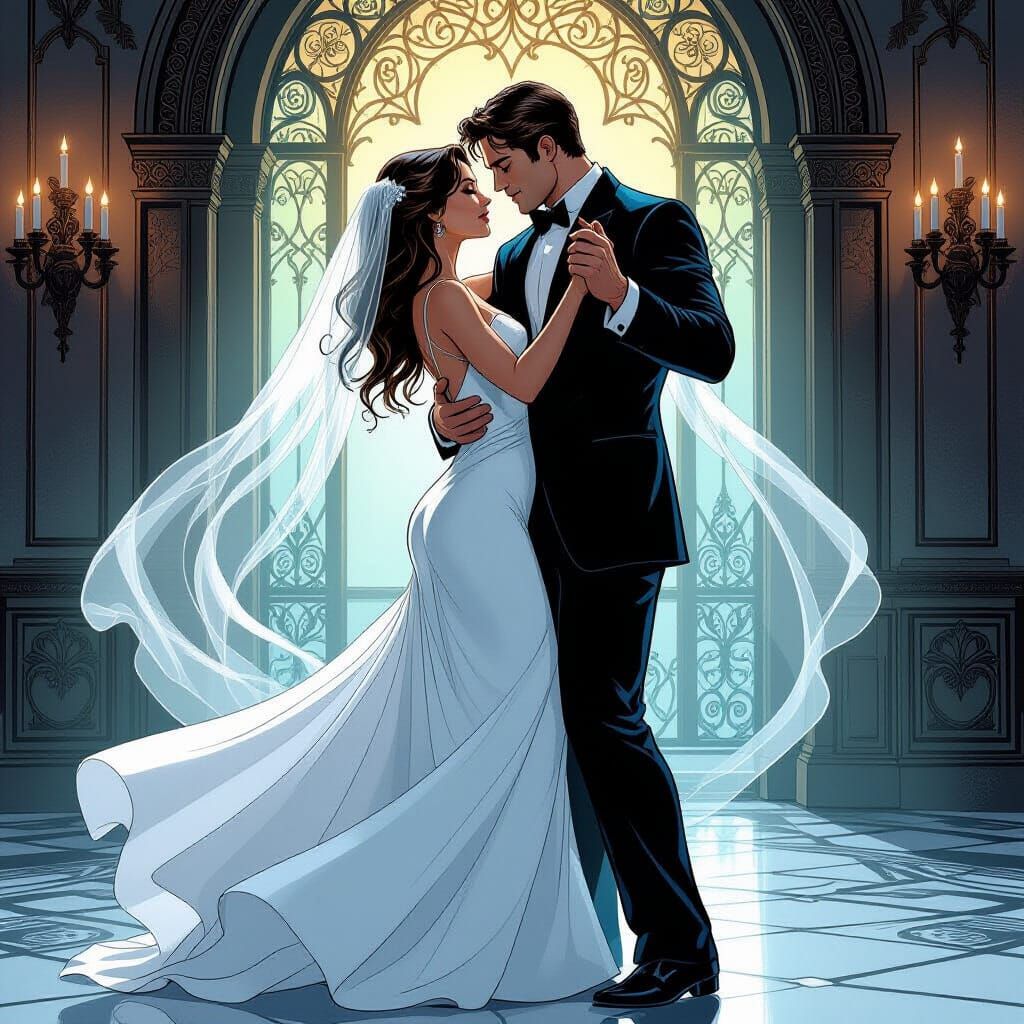 Ethereal Dance: Bride and Ghost in Comic Book Style