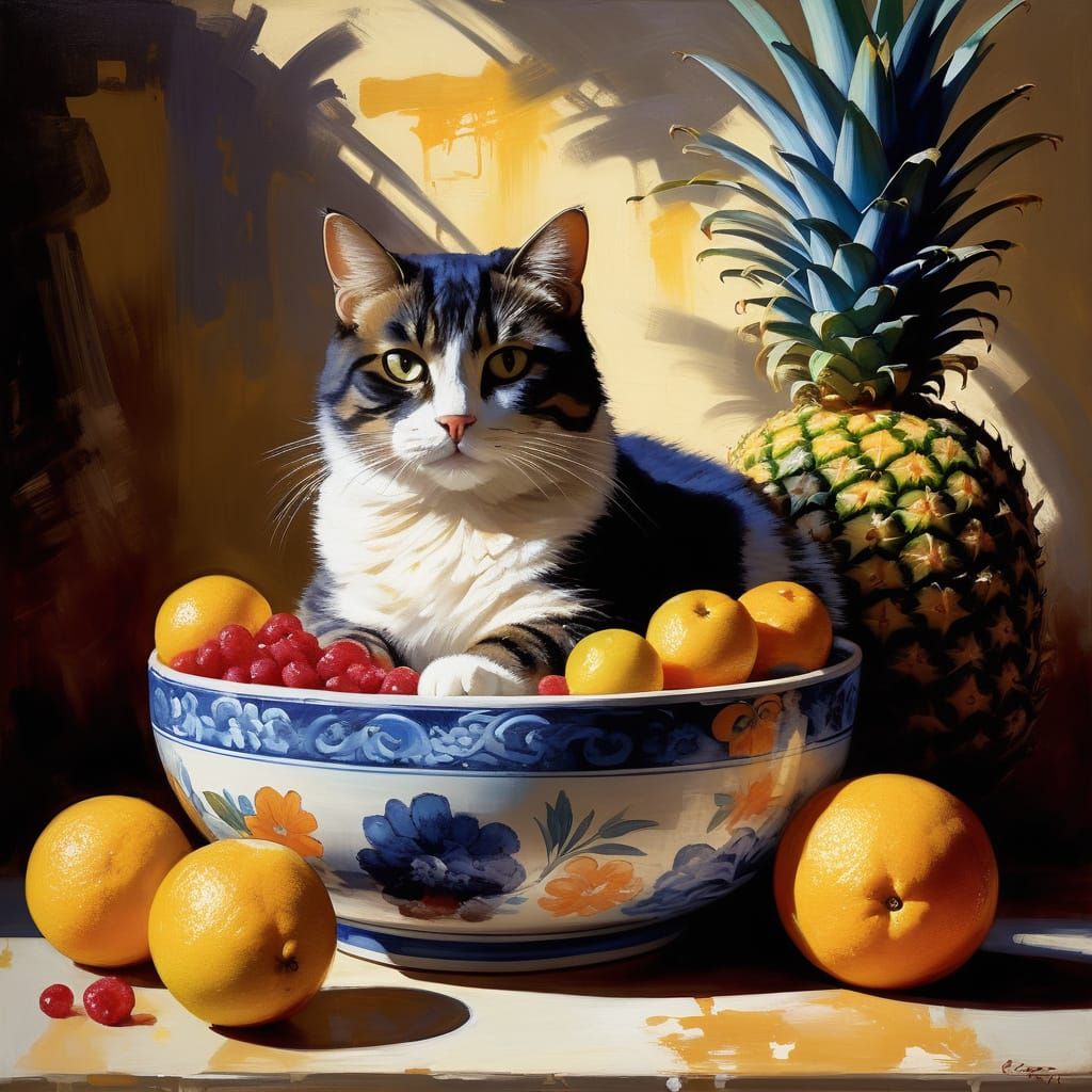 Feline Pineapple in Whimsical Fruit Bowl Scene