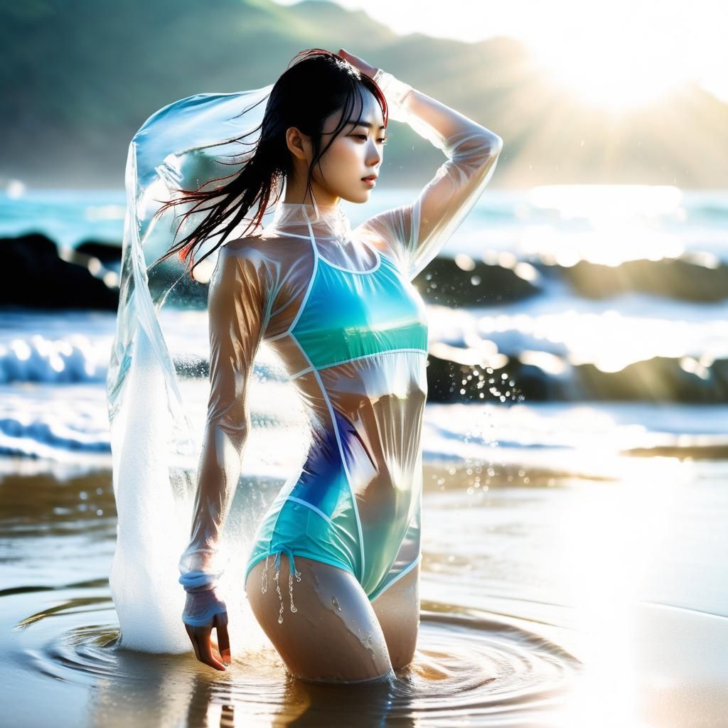 Japanese Girl on Beach with Transparent Clothes