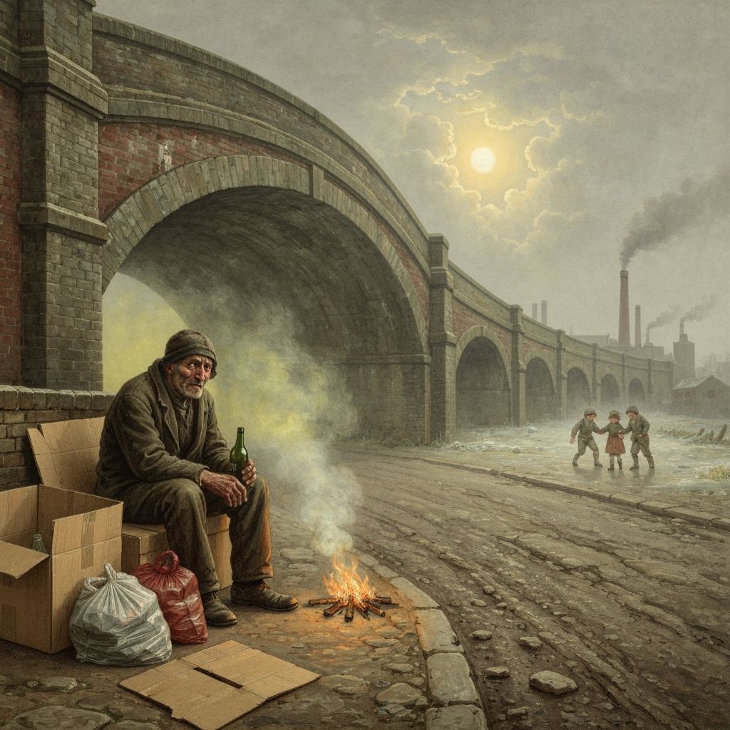 Homeless Man Under Bridge in Misty English Town