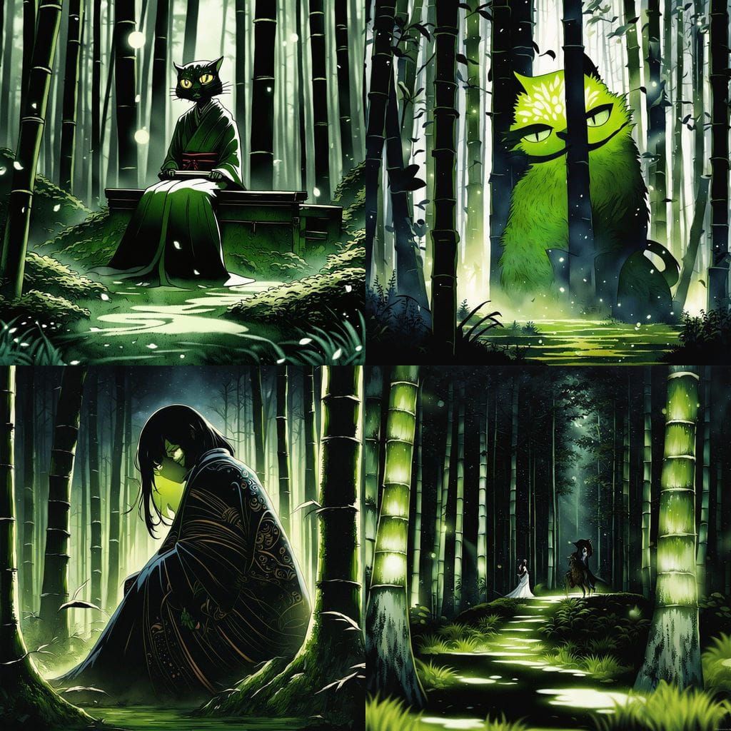 Beastkin Girl Plays Shamisen in Moonlit Bamboo Forest