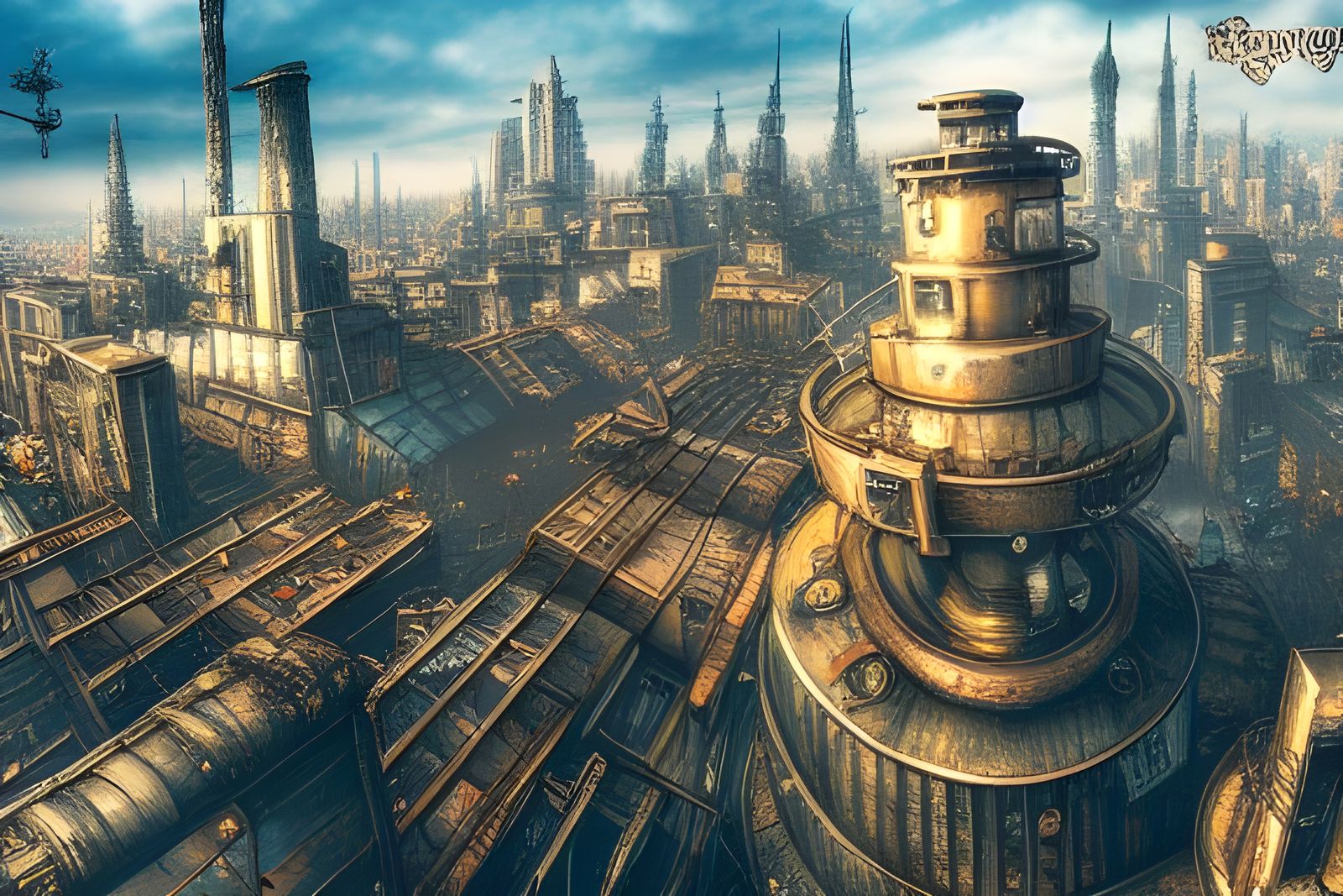 Steampunk City Aerial View Illustration