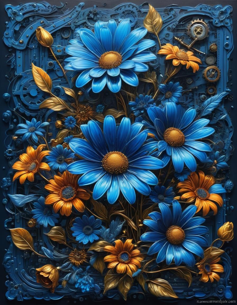 Vivid Blue Floral Steampunk Impasto Oil Painting