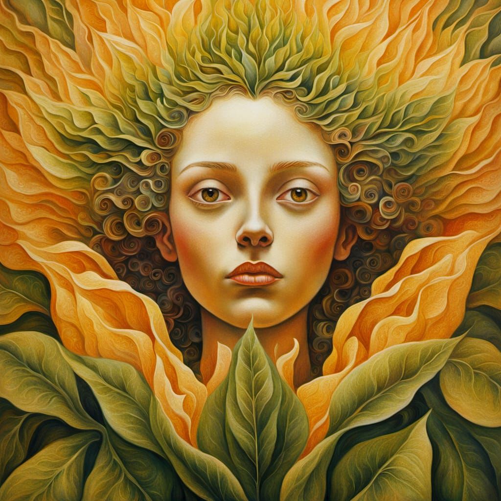 Surreal Woman Born from Flowers in Oil Painting