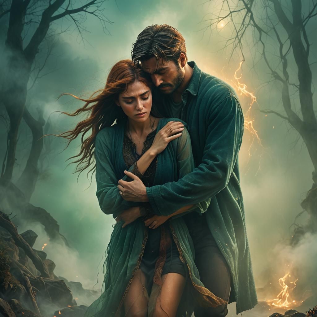 Woman Embracing Man Disappearing into Mist