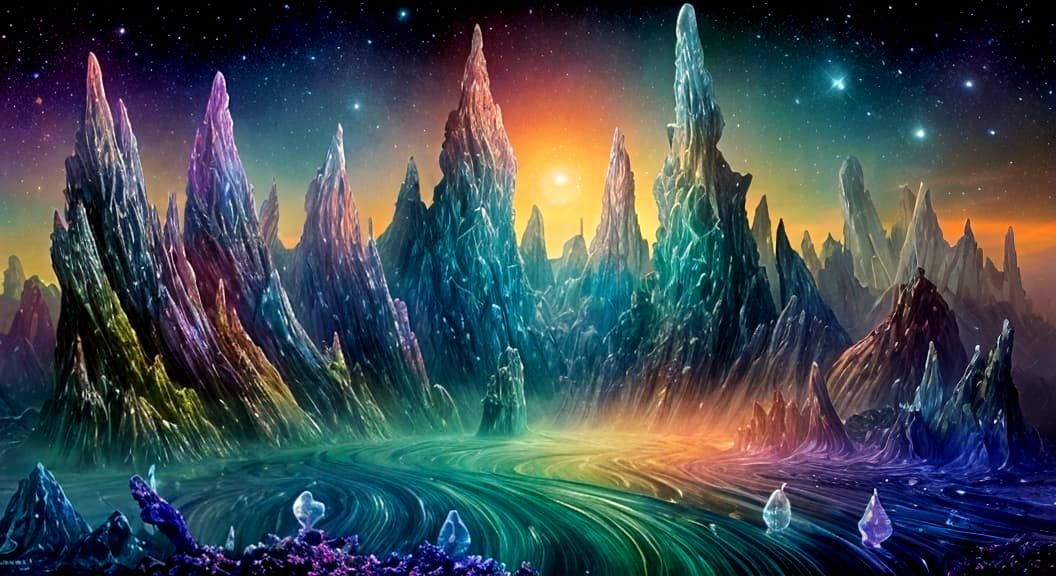 Iridescent Nebula Shores in Art Nouveau Style