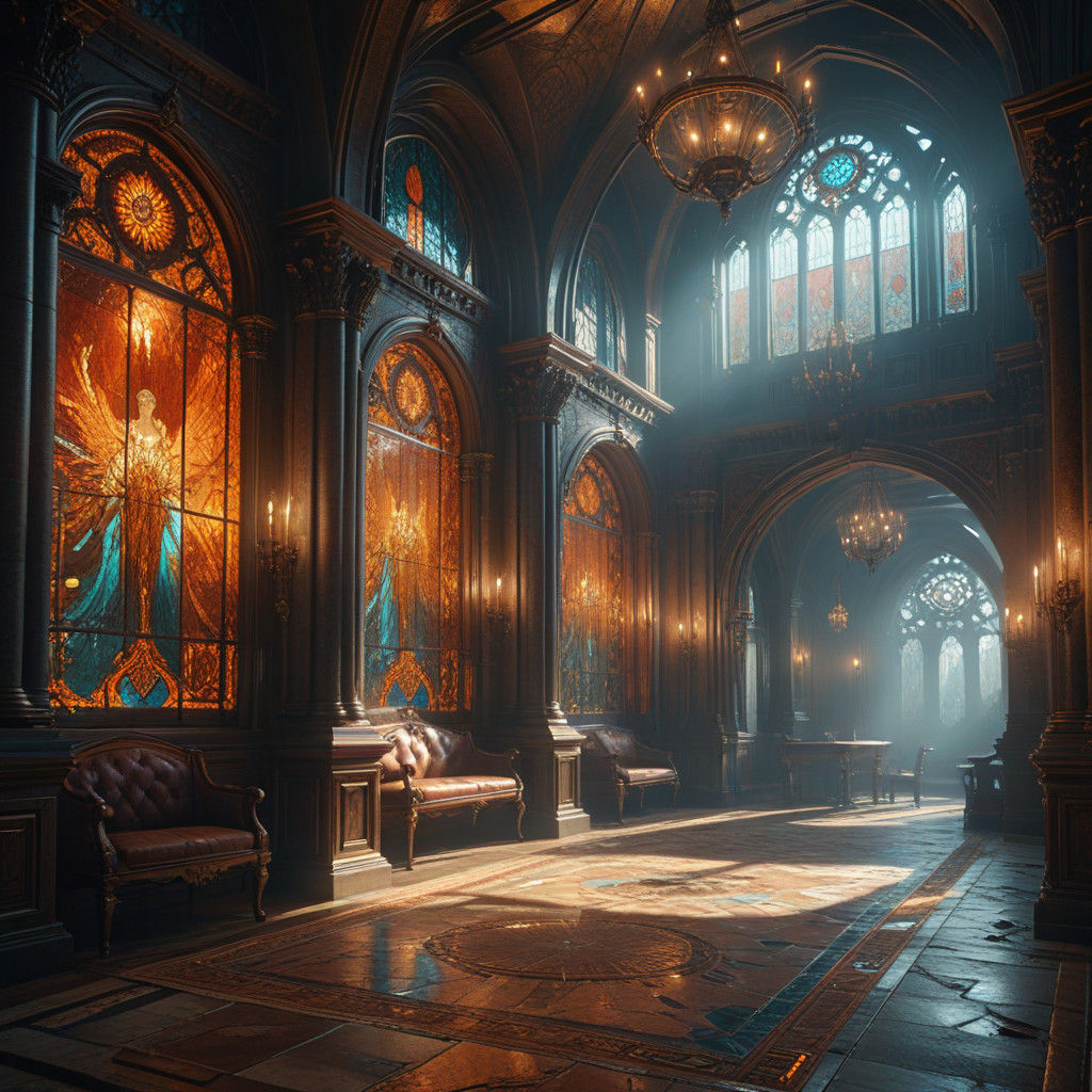 Ethereal Castle Interior in Vibrant Triadic Colors