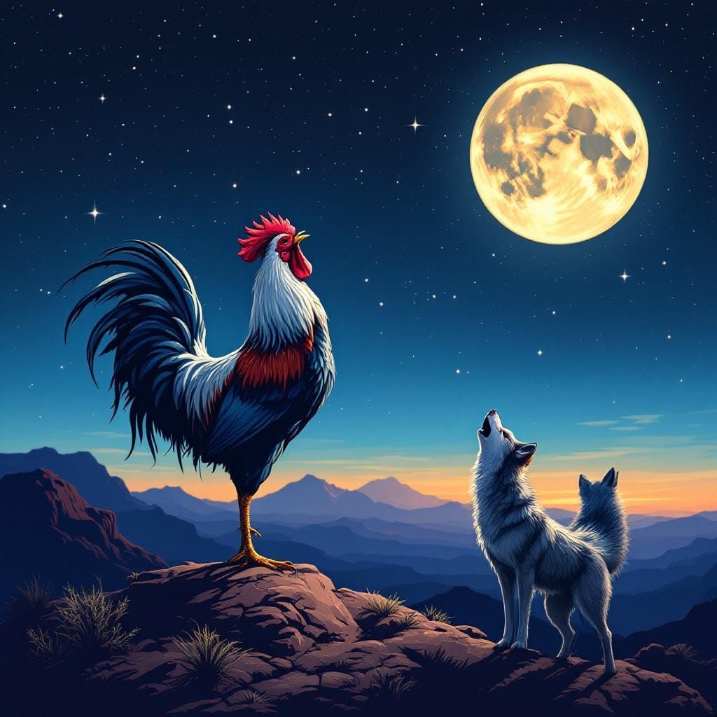 Rooster and Coyotes Howl at the Moon